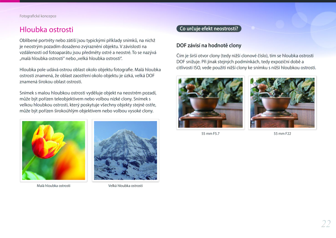 Samsung EV-NX300ZBQUPL, EV-NX300ZBSVGR, EV-NX300ZBUTDE manual DOF závisí na hodnotě clony, Co určuje efekt neostrosti? 