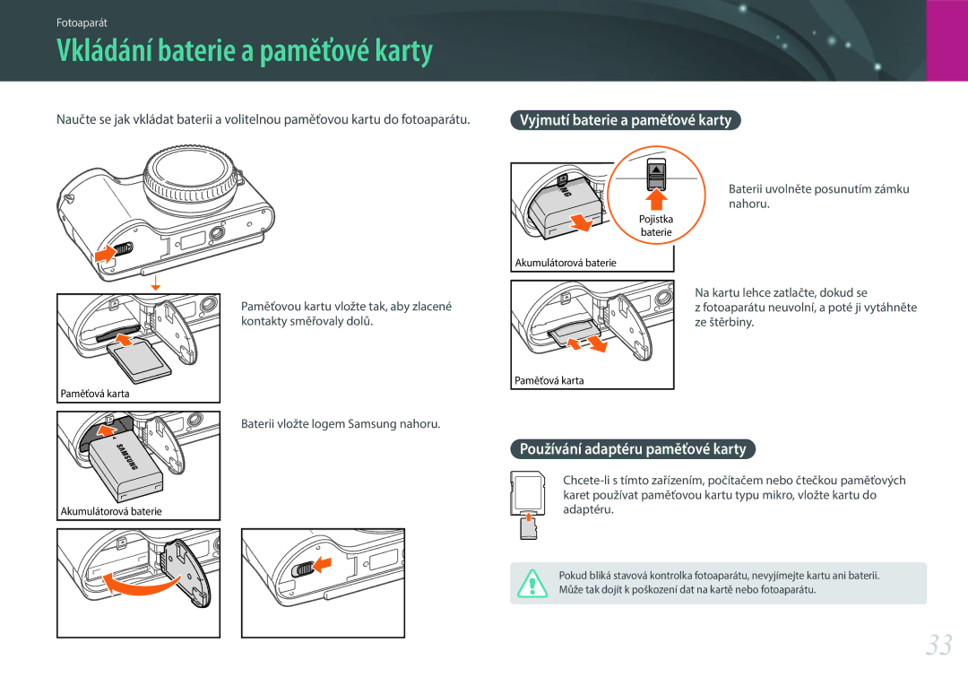 Samsung EV-NX300ZBSTPL, EV-NX300ZBSVGR, EV-NX300ZBUTDE Vyjmutí baterie a paměťové karty, Používání adaptéru paměťové karty 