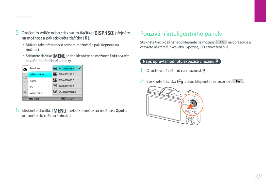 Samsung EV-NX300ZBSVHU, EV-NX300ZBSVGR manual Používání inteligentního panelu, Např. upravte hodnotu expozice v režimu P 