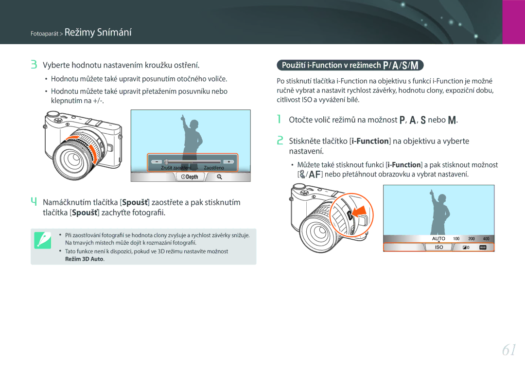 Samsung EV-NX300ZBSTDE, EV-NX300ZBSVGR Vyberte hodnotu nastavením kroužku ostření, Použití i-Function v režimech P/A/S/M 