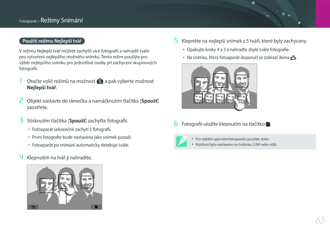 Samsung EV-NX300ZBSTCZ, EV-NX300ZBSVGR manual Použití režimu Nejlepší tvář, Fotografii uložíte klepnutím na tlačítko 