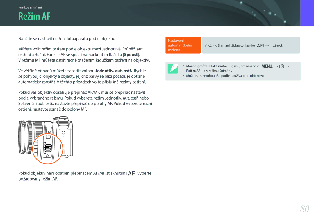 Samsung EV-NX300ZBUTDE, EV-NX300ZBSVGR, EV-NX300ZBSTDE manual Režim AF, Naučíte se nastavit ostření fotoaparátu podle objektu 
