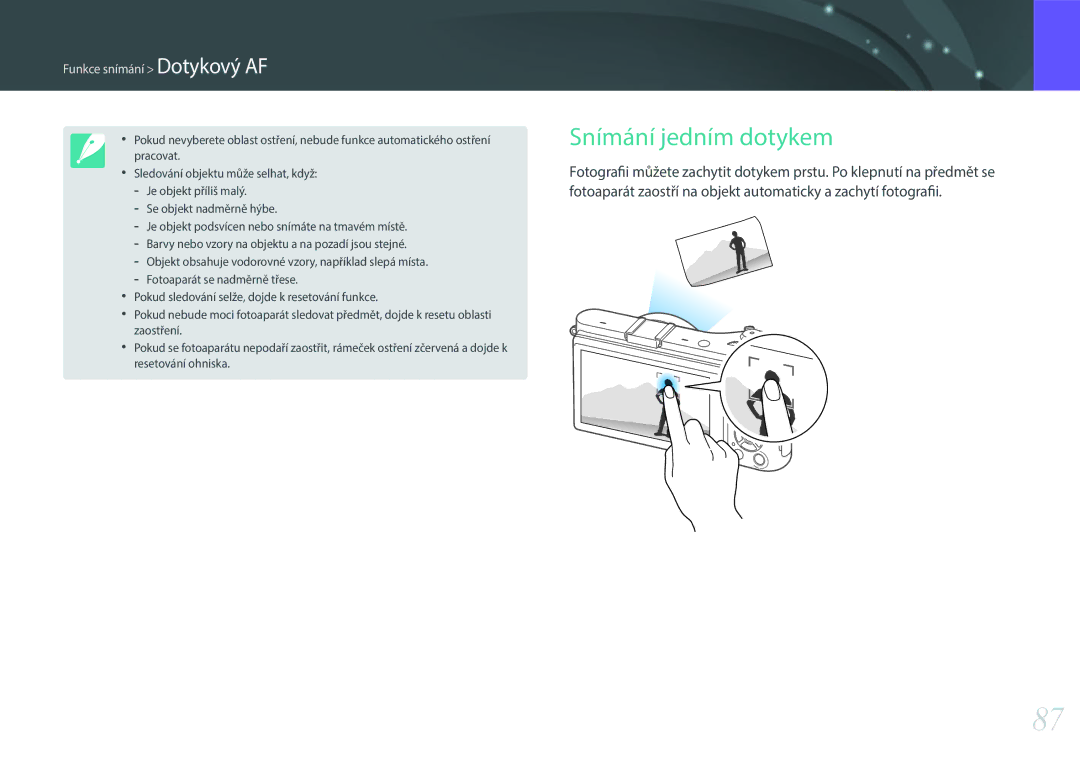 Samsung EV-NX300ZBSVCZ, EV-NX300ZBSVGR, EV-NX300ZBUTDE, EV-NX300ZBSTDE Snímání jedním dotykem, Funkce snímání Dotykový AF 