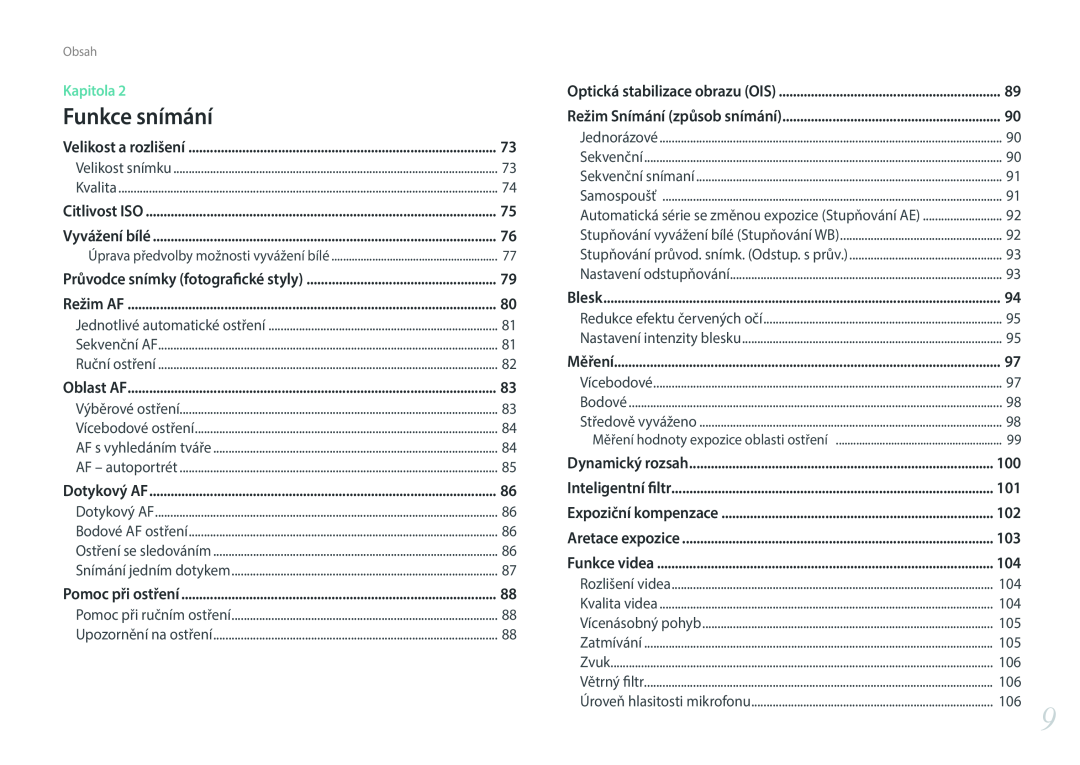 Samsung EV-NX300ZBSVGR manual Funkce snímání, Kapitola, Obsah, Velikost a rozlišení, Citlivost ISO, Vyvážení bílé, Režim AF 