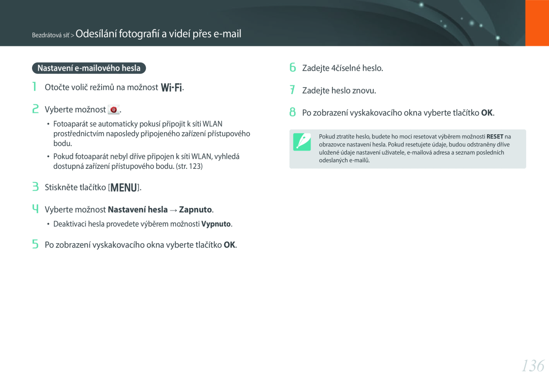 Samsung EV-NX300ZBQUCH manual Bezdrátová síť Odesílání fotografií a videí přes e-mail, Nastavení e-mailového hesla 