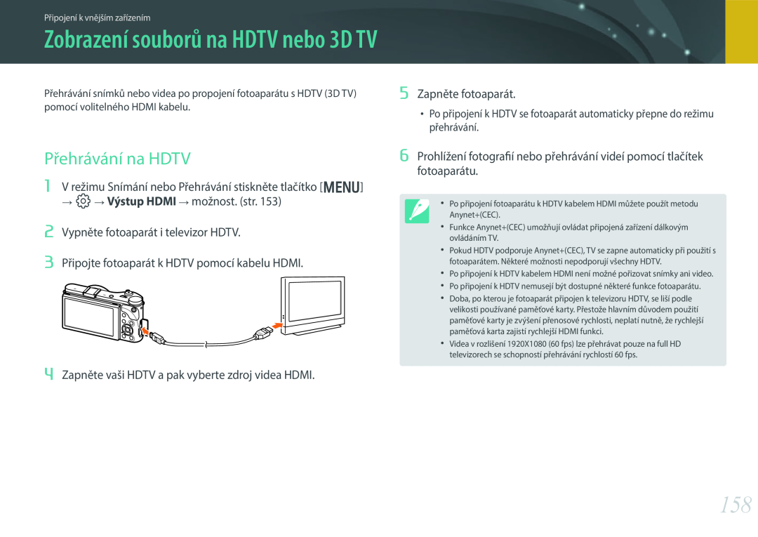 Samsung EV-NX300ZBSVHU manual Zobrazení souborů na HDTV nebo 3D TV, Přehrávání na HDTV, Zapněte fotoaparát, přehrávání 