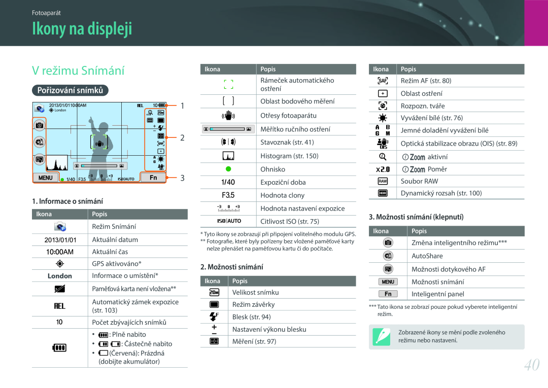 Samsung EV-NX300ZBUTDE Ikony na displeji, V režimu Snímání, Pořizování snímků, Informace o snímání, 2. Možnosti snímání 