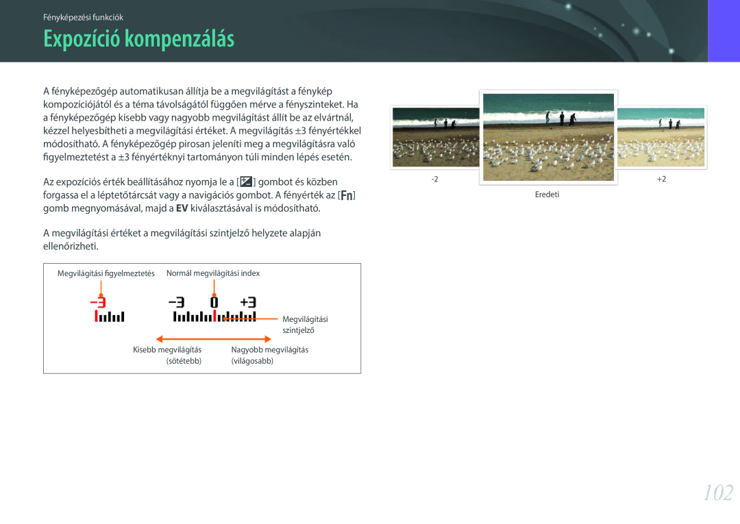 Samsung EV-NX300ZBQUCH, EV-NX300ZBSVGR, EV-NX300ZBUTDE, EV-NX300ZBSTDE, EV-NX300ZBSTRO manual Expozíció kompenzálás, 102 