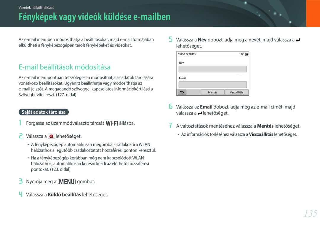 Samsung EV-NX300ZBSVHU Fényképek vagy videók küldése e-mailben, 135, Mail beállítások módosítása, Saját adatok tárolása 
