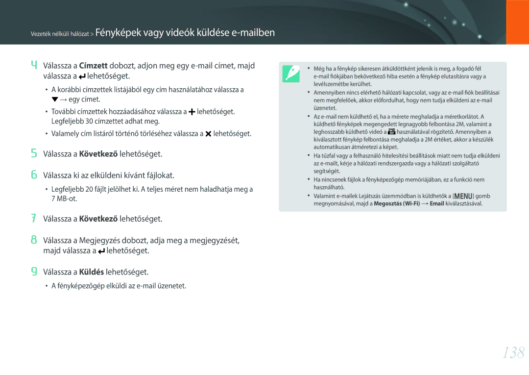 Samsung EV-NX300ZBQUSE, EV-NX300ZBSVGR, EV-NX300ZBUTDE, EV-NX300ZBSTDE manual 138, Fényképezőgép elküldi az e-mail üzenetet 
