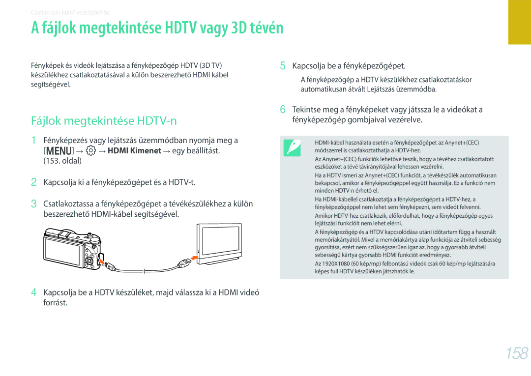 Samsung EV-NX300ZBQUHU, EV-NX300ZBSVGR manual Fájlok megtekintése Hdtv vagy 3D tévén, 158, Fájlok megtekintése HDTV-n 