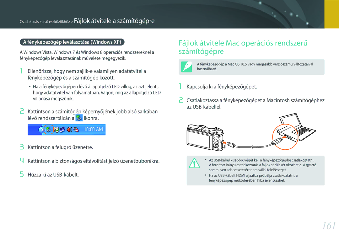 Samsung EV-NX300ZBSTDE 161, Fájlok átvitele Mac operációs rendszerű számítógépre, Fényképezőgép leválasztása Windows XP 