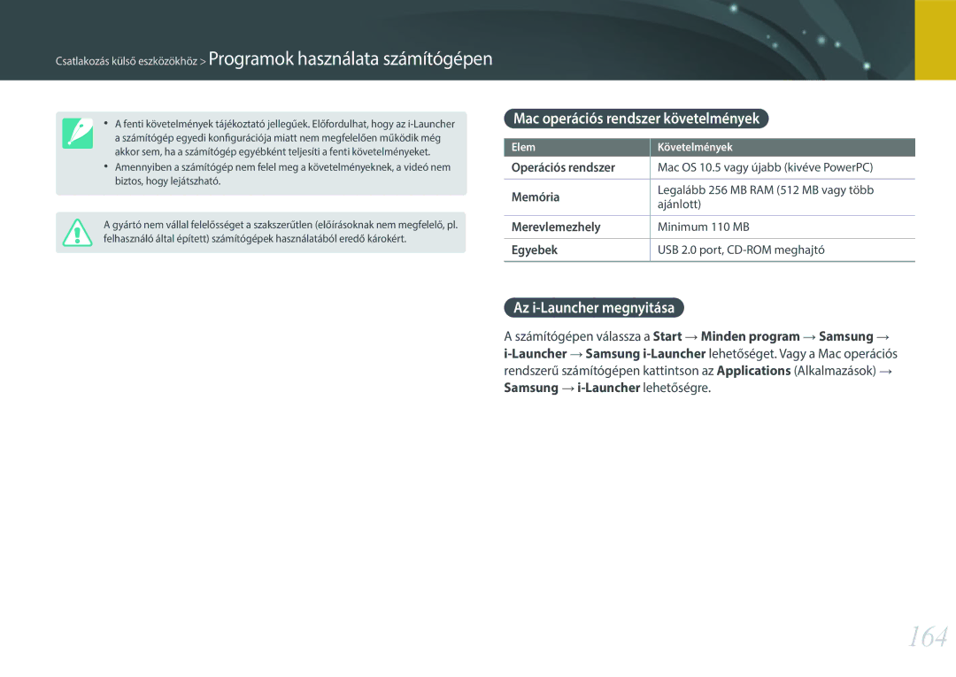 Samsung EV-NX300ZBQUPL manual 164, Mac operációs rendszer követelmények, Az i-Launcher megnyitása, Operációs rendszer 