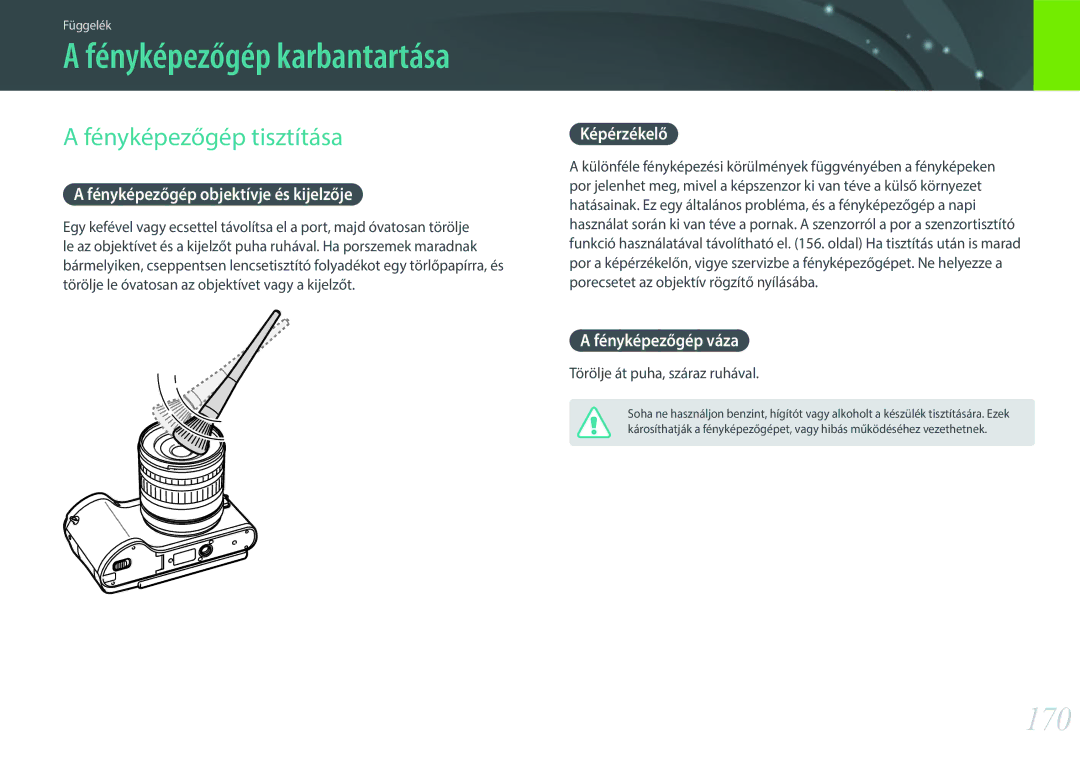 Samsung EV-NX300ZBQUSE, EV-NX300ZBSVGR 170, Fényképezőgép tisztítása, Fényképezőgép objektívje és kijelzője, Képérzékelő 