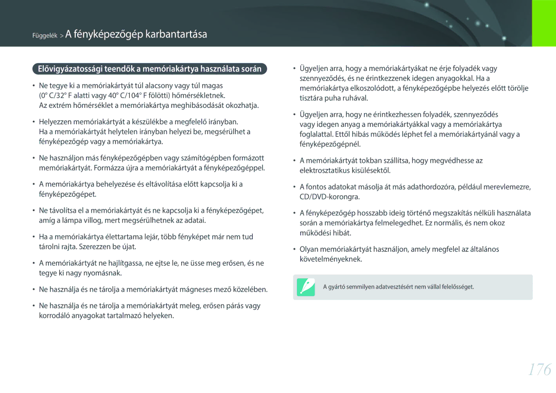 Samsung EV-NX300ZBUTDE, EV-NX300ZBSVGR, EV-NX300ZBSTDE manual 176, Elővigyázatossági teendők a memóriakártya használata során 