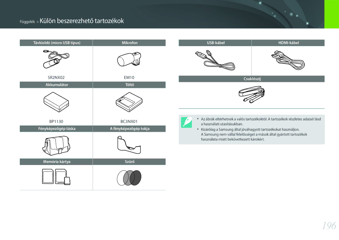 Samsung EV-NX300ZBQUPL, EV-NX300ZBSVGR, EV-NX300ZBUTDE, EV-NX300ZBSTDE manual 196, Függelék Külön beszerezhető tartozékok 