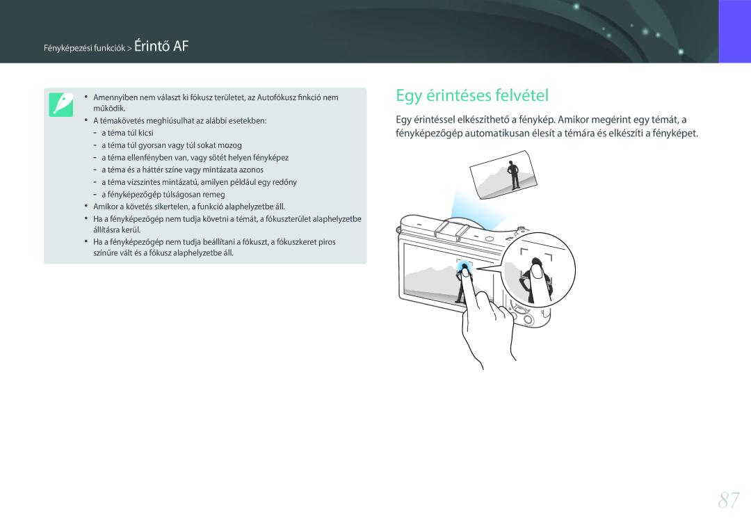 Samsung EV-NX300ZBSVHU, EV-NX300ZBSVGR, EV-NX300ZBUTDE manual Egy érintéses felvétel, Fényképezési funkciók Érintő AF 