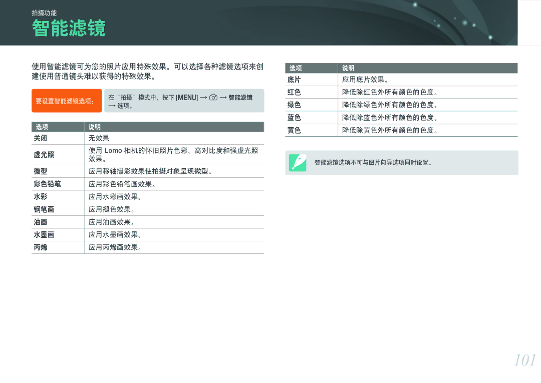 Samsung EV-NX300ZBSTPL, EV-NX300ZBSVGR, EV-NX300ZBUTDE, EV-NX300ZBSTDE, EV-NX300ZBSTRO, EV-NX300ZBQURO manual 智能滤镜, 101 
