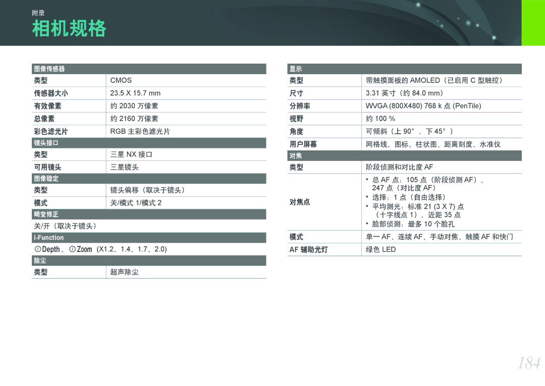 Samsung EV-NX300ZBQUDK, EV-NX300ZBSVGR, EV-NX300ZBUTDE, EV-NX300ZBSTDE, EV-NX300ZBSTRO, EV-NX300ZBQURO manual 相机规格, 184 