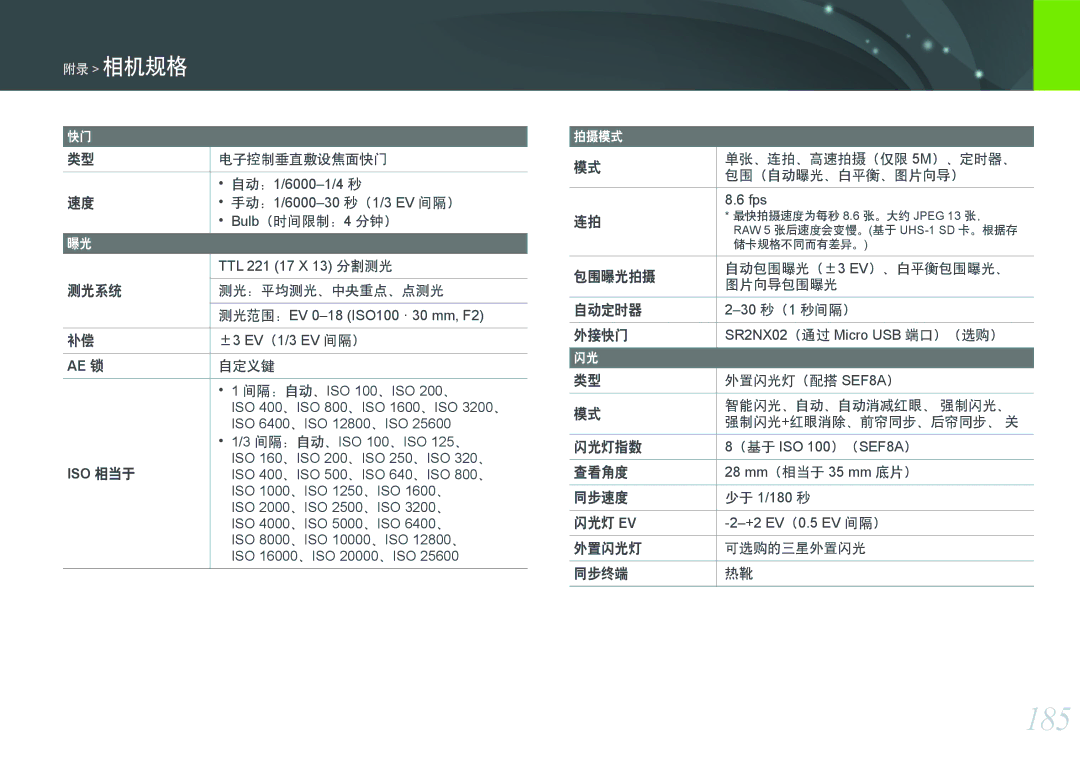 Samsung EV-NX300ZBSTDK, EV-NX300ZBSVGR, EV-NX300ZBUTDE, EV-NX300ZBSTDE, EV-NX300ZBSTRO, EV-NX300ZBQURO manual 185, 附录 相机规格 