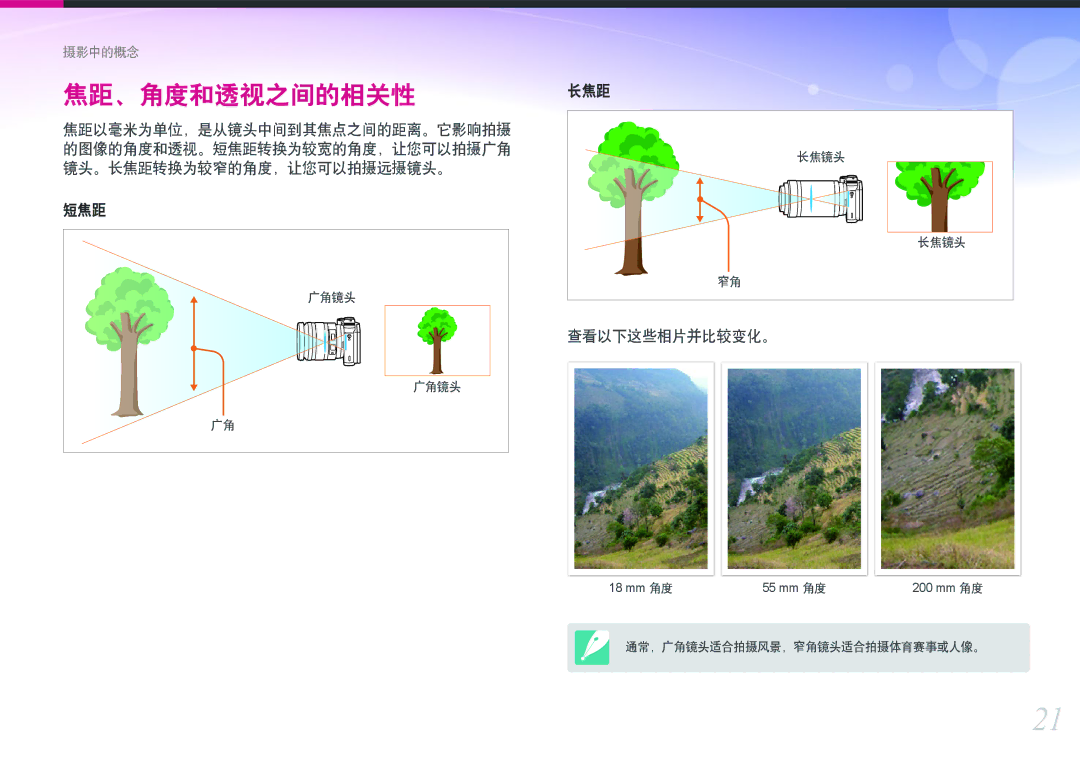 Samsung EV-NX300ZBSTPL, EV-NX300ZBSVGR, EV-NX300ZBUTDE, EV-NX300ZBSTDE, EV-NX300ZBSTRO manual 焦距、角度和透视之间的相关性, 查看以下这些相片并比较变化。 