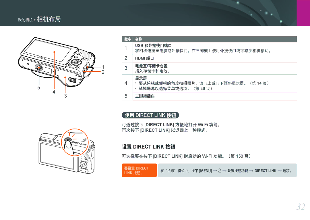 Samsung EV-NX300ZBUTDE, EV-NX300ZBSVGR, EV-NX300ZBSTDE manual 设置 Direct Link 按钮, 可选择要在按下 Direct Link 时启动的 Wi-Fi功能。（第 150 页） 