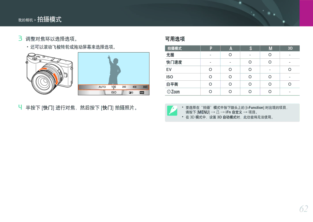 Samsung EV-NX300ZBQUHU, EV-NX300ZBSVGR, EV-NX300ZBUTDE, EV-NX300ZBSTDE, EV-NX300ZBSTRO, EV-NX300ZBQURO manual 可用选项, 调整对焦环以选择选项。 