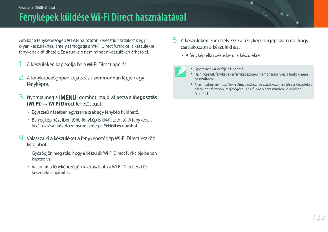 Samsung EV-NX300ZBUTDE Fényképek küldése Wi-Fi Direct használatával, 1 A készüléken kapcsolja be a Wi-Fi Direct opciót 