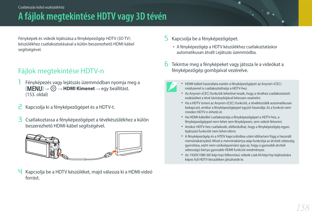Samsung EV-NX300ZBQUHU A fájlok megtekintése HDTV vagy 3D tévén, Fájlok megtekintése HDTV-n, Csatlakozás külső eszközökhöz 