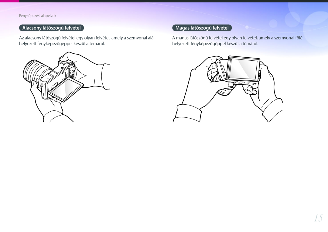 Samsung EV-NX300ZBSVGR helyezett fényképezőgéppel készül a témáról, Alacsony látószögű felvétel, Magas látószögű felvétel 
