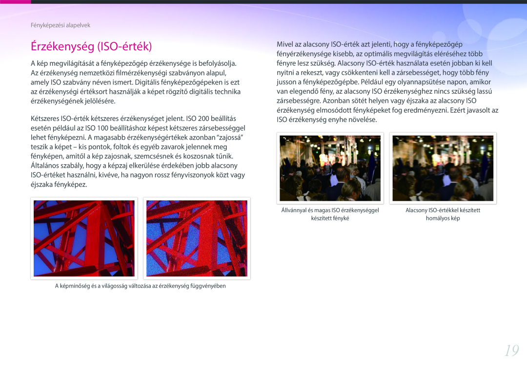 Samsung EV-NX300ZBQURO manual Érzékenység ISO-érték, A képminőség és a világosság változása az érzékenység függvényében 