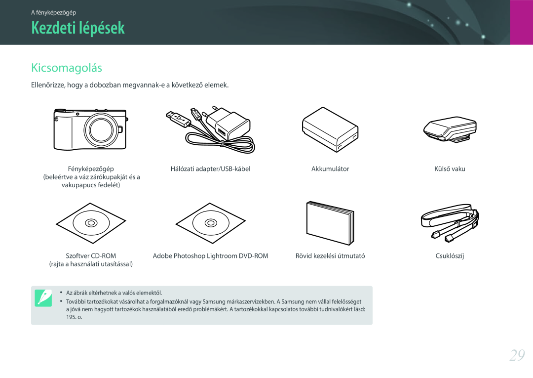 Samsung EV-NX300ZBSTHU manual Kezdeti lépések, Kicsomagolás, Ellenőrizze, hogy a dobozban megvannak-e a következő elemek 