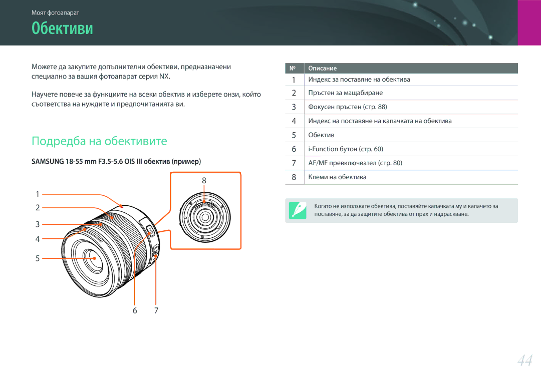 Samsung EV-NX300ZBSVRO, EV-NX300ZBSTRO, EV-NX300ZBQURO manual Обективи, Подредба на обективите 