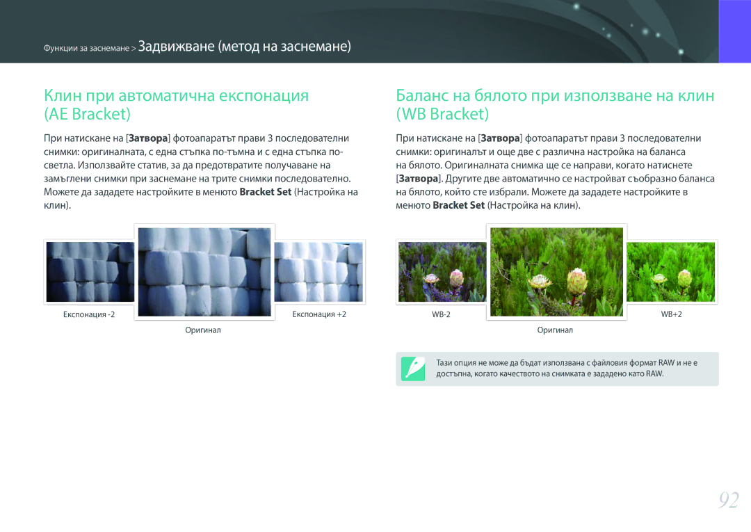 Samsung EV-NX300ZBSVRO Клин при автоматична експонация AE Bracket, Баланс на бялото при използване на клин WB Bracket 