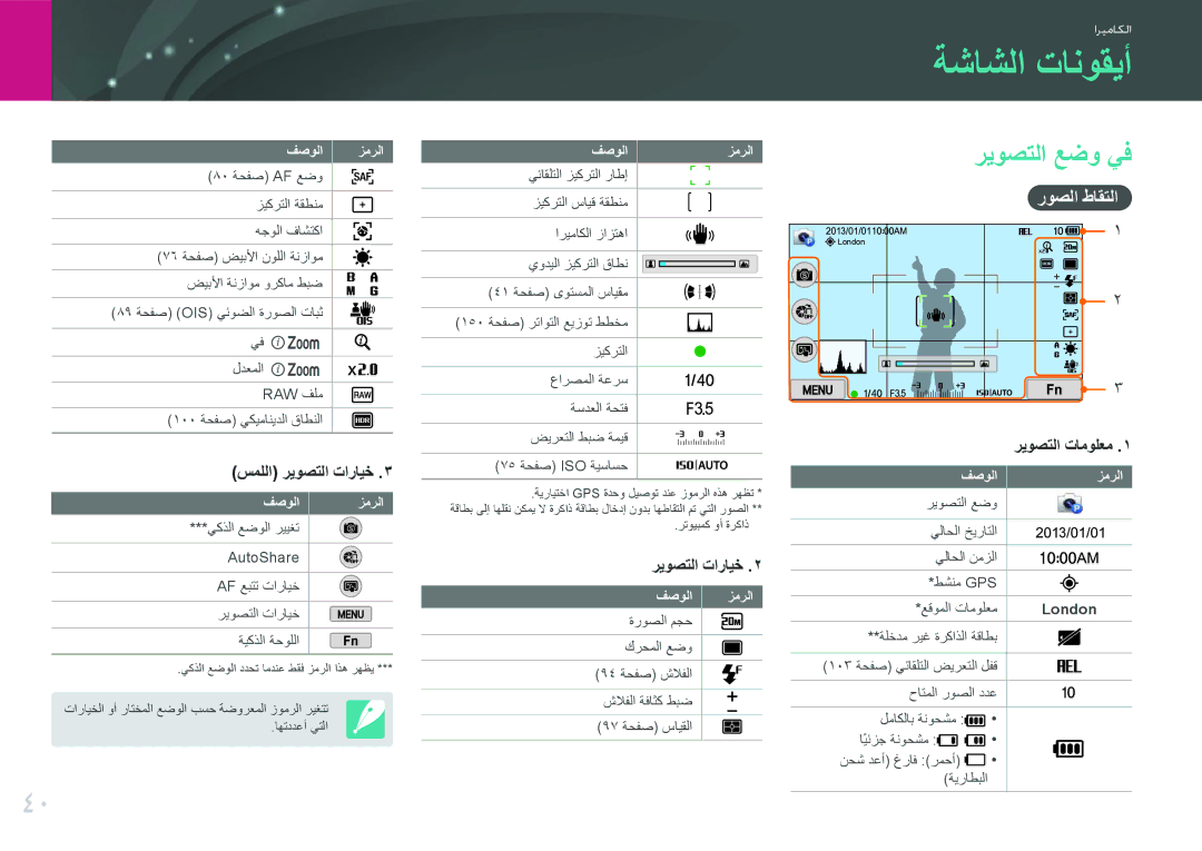 Samsung EV-NX300ZBPUWI, EV-NX300ZDUVZA, EV-NX300ZBQUWI manual ةشاشلا تانوقيأ, ريوصتلا عضو يف, روصلا طاقتلا, فصولا زمرلا 