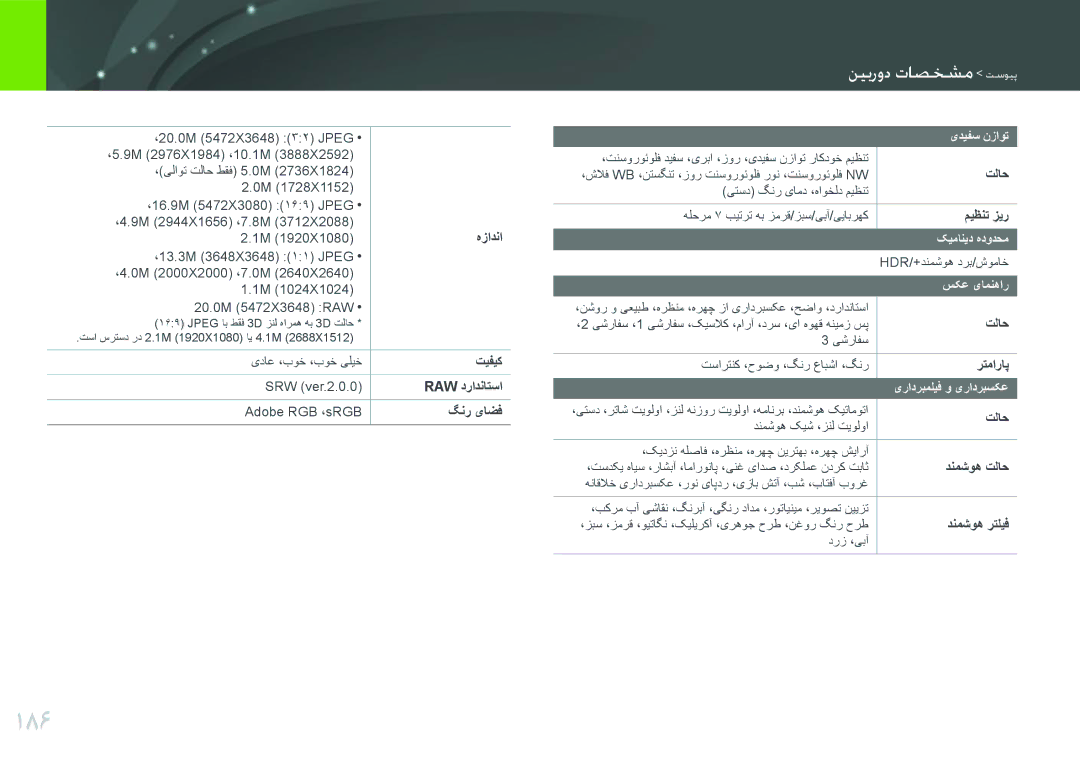 Samsung EV-NX300ZBUTM3, EV-NX300ZDUVZA manual 186, یدیفس نزاوت, کیمانید هدودحم, سکع یامنهار, یرادربملیف و یرادربسکع 