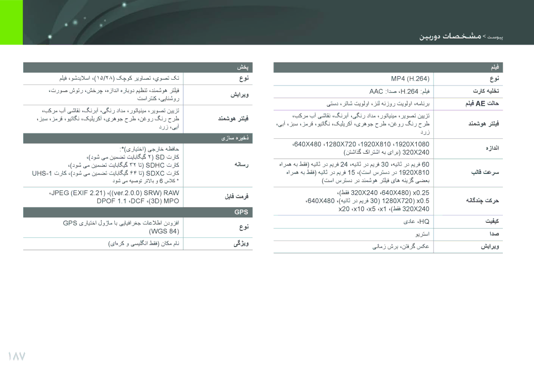 Samsung EV-NX300ZBSTWI, EV-NX300ZDUVZA, EV-NX300ZBPUWI, EV-NX300ZBQUWI manual 187, مشخصات دوربین پیوشت, شخپ, یزاس هریخذ, ملیف 