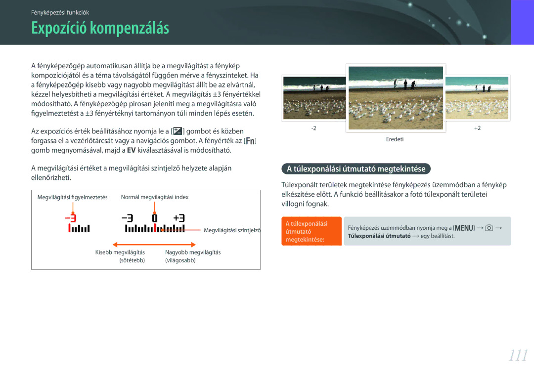 Samsung EV-NX30ZZBGBDE, EV-NX30ZZBGBHU, EV-NX30ZZBZBCZ manual Expozíció kompenzálás, 111, Túlexponálási útmutató megtekintése 