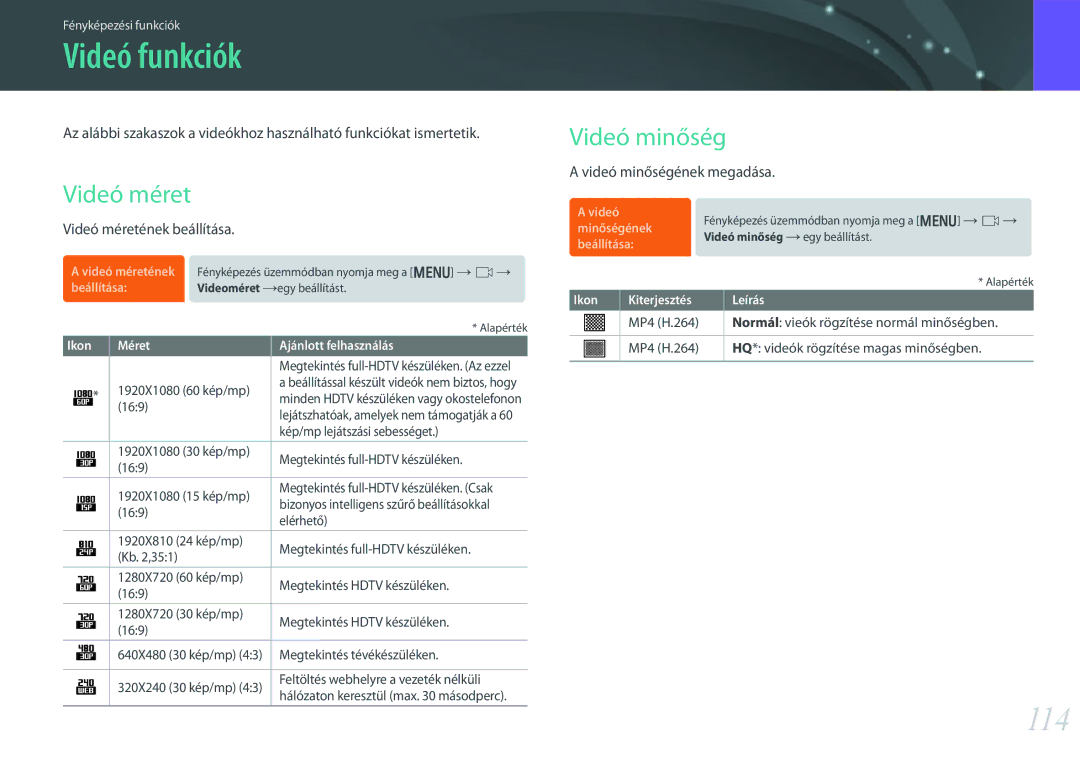 Samsung EV-NX30ZZBGBCH, EV-NX30ZZBGBDE, EV-NX30ZZBGBHU, EV-NX30ZZBZBCZ manual Videó funkciók, 114, Videó méret Videó minőség 
