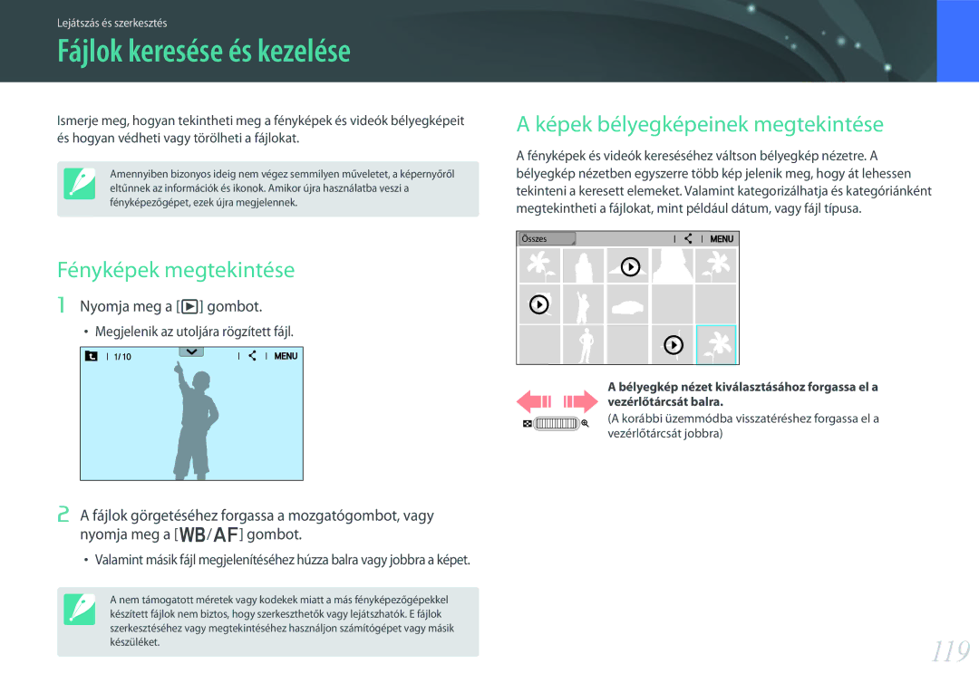 Samsung EV-NX30ZZBGBDE manual Fájlok keresése és kezelése, 119, Fényképek megtekintése, Képek bélyegképeinek megtekintése 