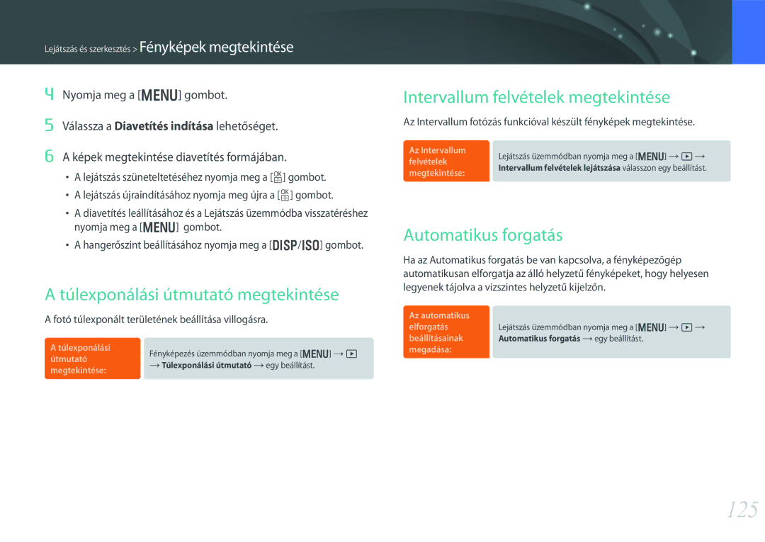 Samsung EV-NX30ZZBZBCZ 125, Túlexponálási útmutató megtekintése, Intervallum felvételek megtekintése, Automatikus forgatás 