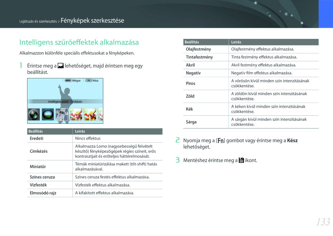 Samsung EV-NX30ZZBZBCZ, EV-NX30ZZBGBDE, EV-NX30ZZBGBHU, EV-NX30ZZBGBCH manual 133, Intelligens szűrőeffektek alkalmazása 