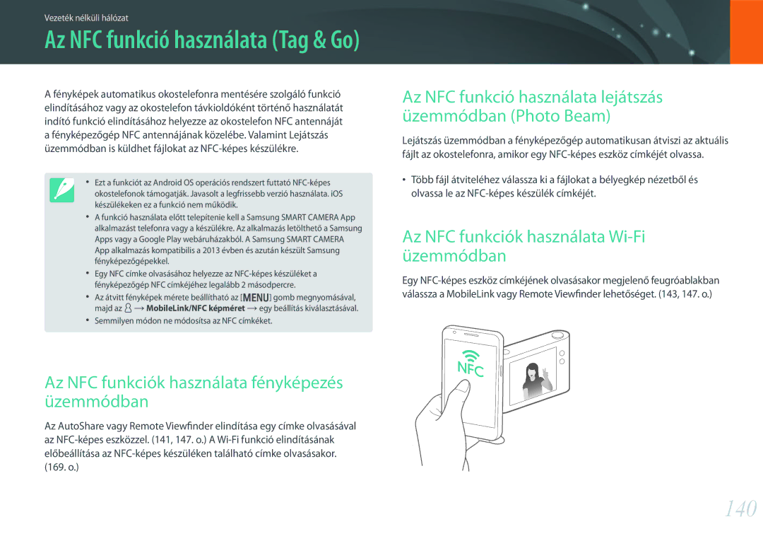 Samsung EV-NX30ZZBGBHU 140, Az NFC funkciók használata fényképezés üzemmódban, Az NFC funkciók használata Wi-Fi üzemmódban 