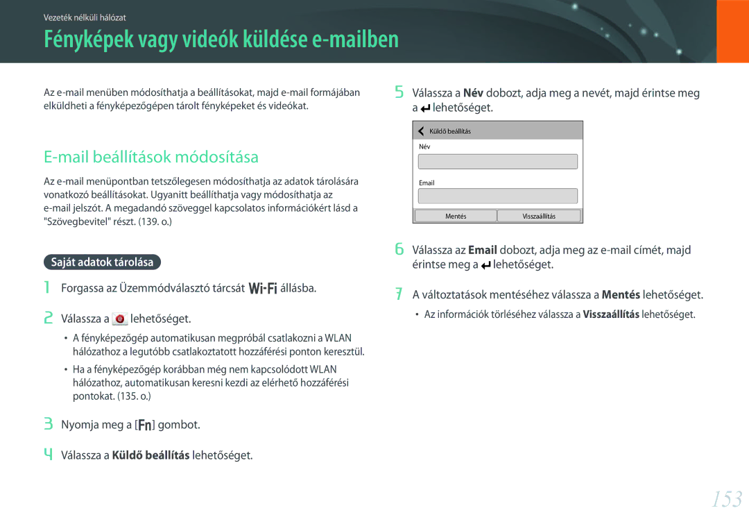 Samsung EV-NX30ZZBZBCZ Fényképek vagy videók küldése e-mailben, 153, Mail beállítások módosítása, Saját adatok tárolása 