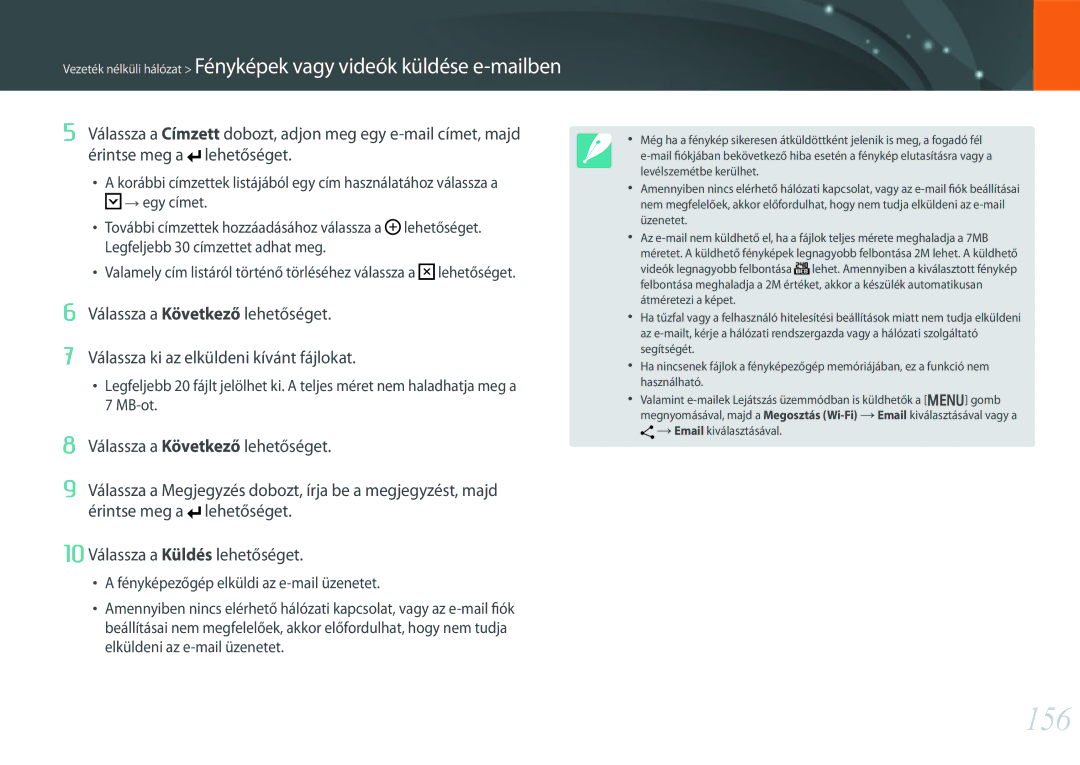 Samsung EV-NX30ZZBGBHU, EV-NX30ZZBGBDE, EV-NX30ZZBZBCZ, EV-NX30ZZBGBCH manual 156, Fényképezőgép elküldi az e-mail üzenetet 