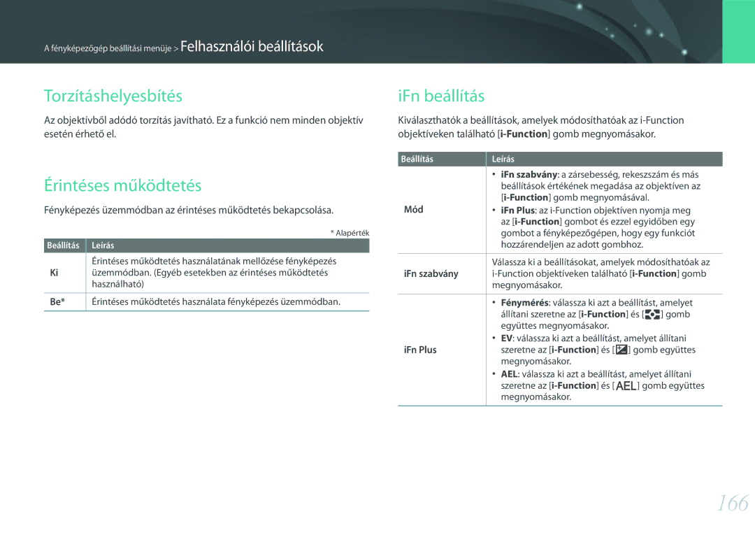 Samsung EV-NX30ZZBGBCH, EV-NX30ZZBGBDE, EV-NX30ZZBGBHU manual 166, Torzításhelyesbítés, Érintéses működtetés, IFn beállítás 