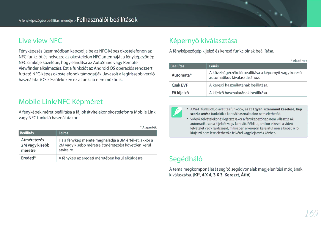 Samsung EV-NX30ZZBZBCZ, EV-NX30ZZBGBDE manual 169, Live view NFC, Mobile Link/NFC Képméret, Képernyő kiválasztása, Segédháló 