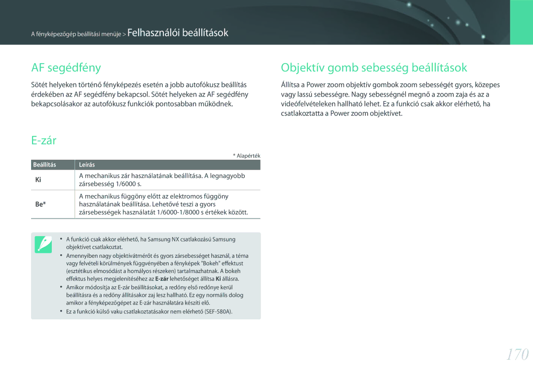 Samsung EV-NX30ZZBGBCH, EV-NX30ZZBGBDE, EV-NX30ZZBGBHU manual 170, AF segédfény, Zár, Objektív gomb sebesség beállítások 