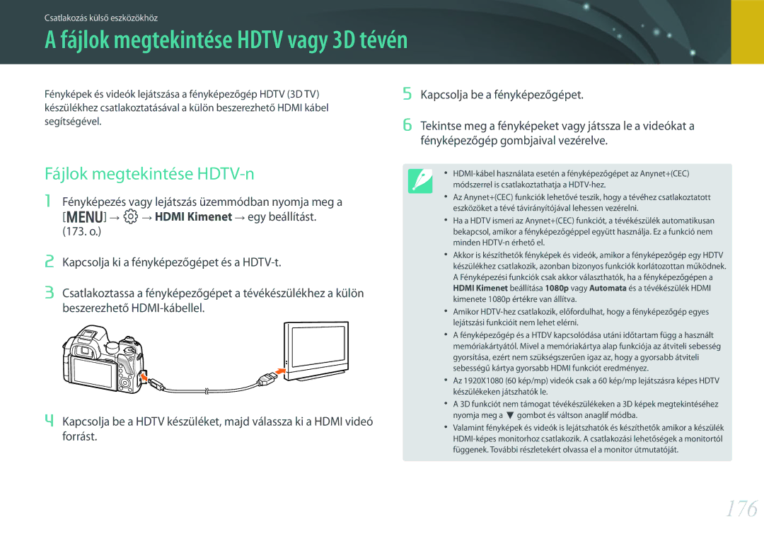 Samsung EV-NX30ZZBGBHU, EV-NX30ZZBGBDE manual Fájlok megtekintése Hdtv vagy 3D tévén, 176, Fájlok megtekintése HDTV-n 