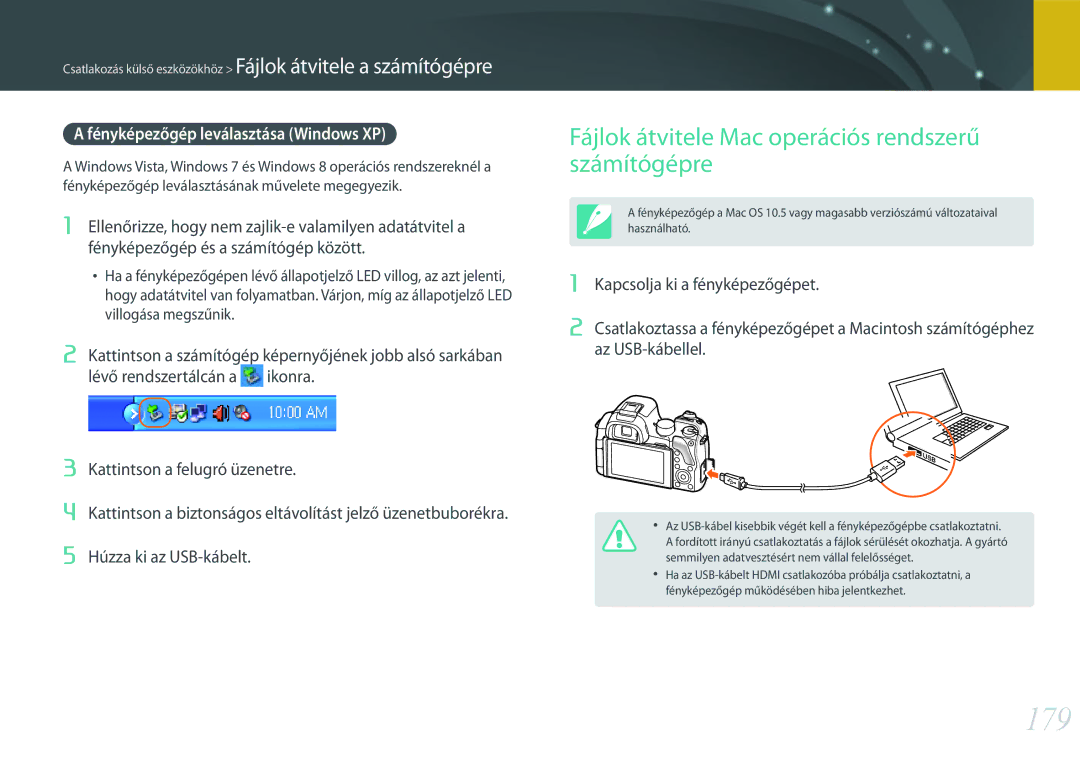 Samsung EV-NX30ZZBGBDE 179, Fájlok átvitele Mac operációs rendszerű számítógépre, Fényképezőgép leválasztása Windows XP 